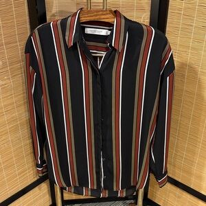 Black Striped Button-Up Shirt with Rust & Olive Accents